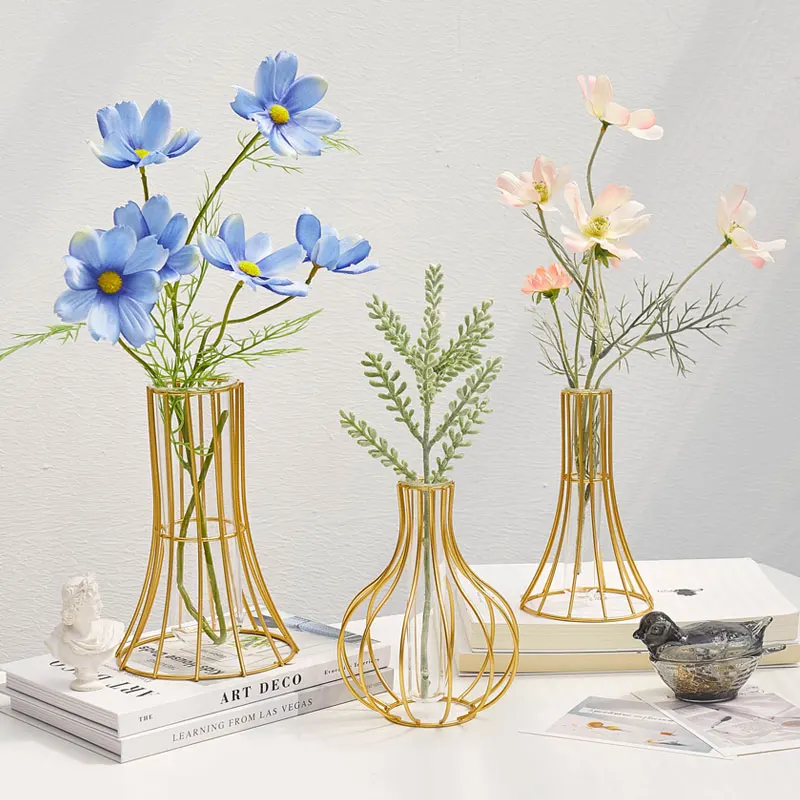 Transparent Nordic Simple Tube Glass Iron Art Vase Rose Gold Geometric Shape Flower Pot Home Wedding Easter Accessories Decor | Дом и сад