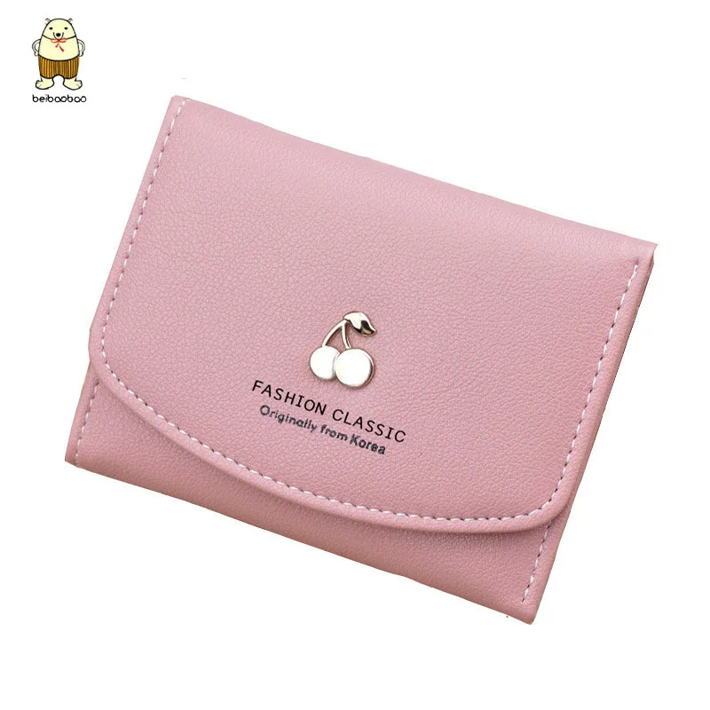 

Beibaobao Women Wallet Women Short Three Fold Cover Wallet Cartoon Cherry Letter Pattern Multi-function Wallet Young Girl Purse