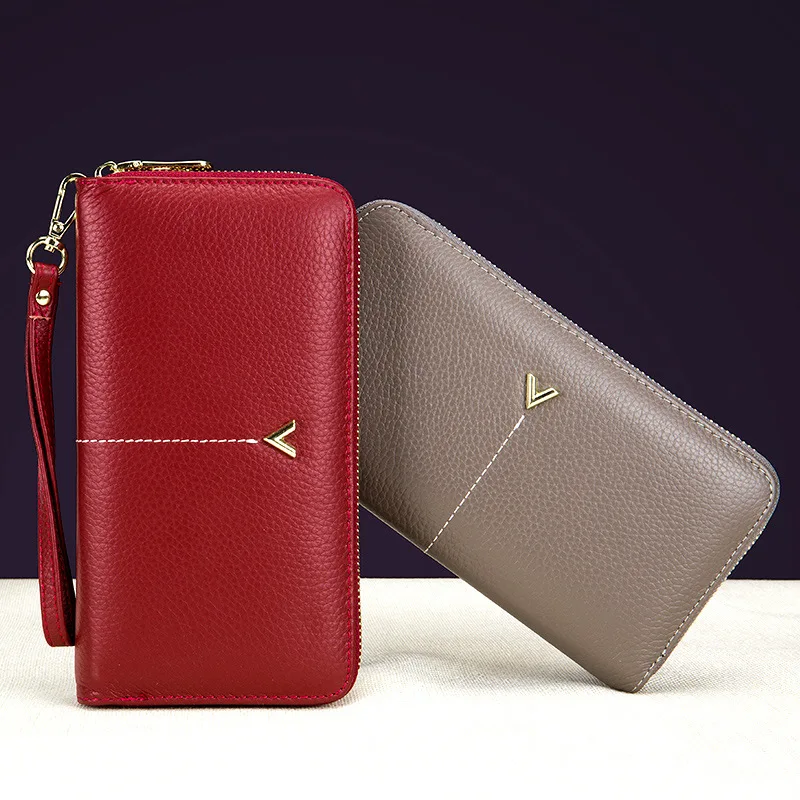 

New Genuine Leather V Sequined Women Wallets Top Layer Cowhide Female Clutch Zipper Clutch Purses Phone Pocket with Hand Rope