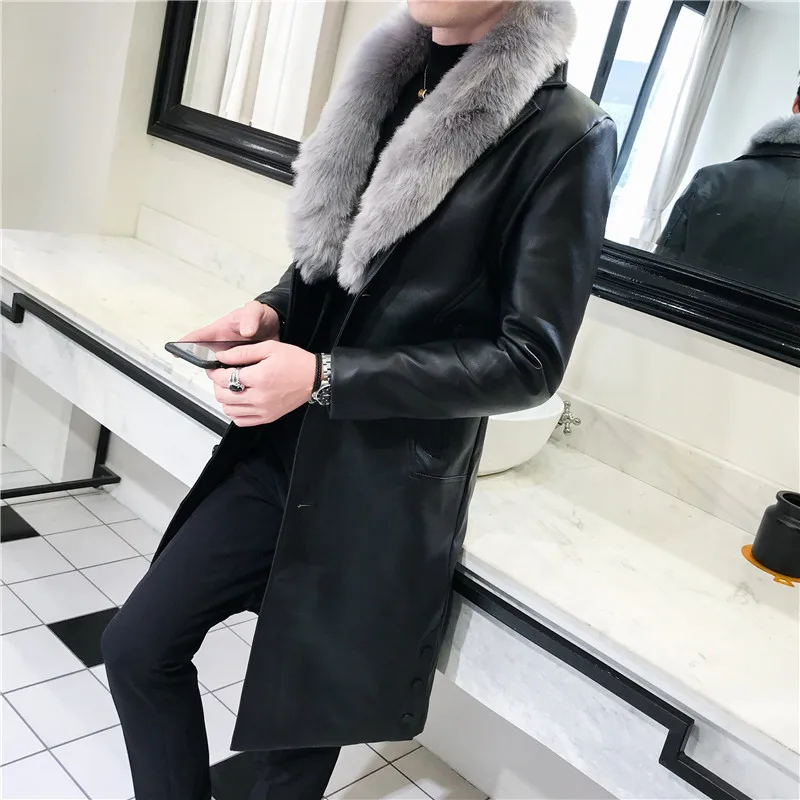 Black Friday Autumn and Winter Fashion Men's Long Hair Collar Cotton Thickened Slim Men Leather Jacket