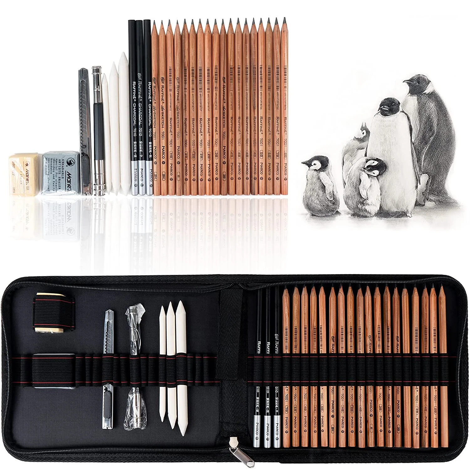 Arrtx 31 Pieces Professional Art Supplies Kit with Graphite Pencils,  Charcoal Pencils, 50 Pages Sketchbook, Paper Erasable Pen, Craft Knife,  Canvas Rolling Pouch 