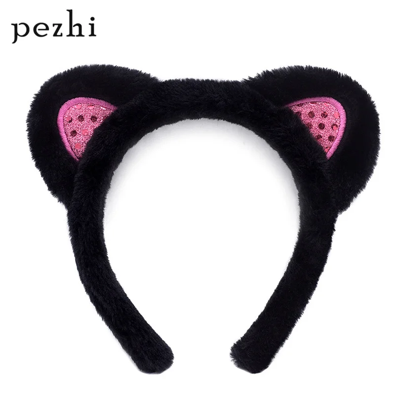 

High quality black plush cat ears headband fine embroidered sequins hair accessories children cute headband head jewelry female