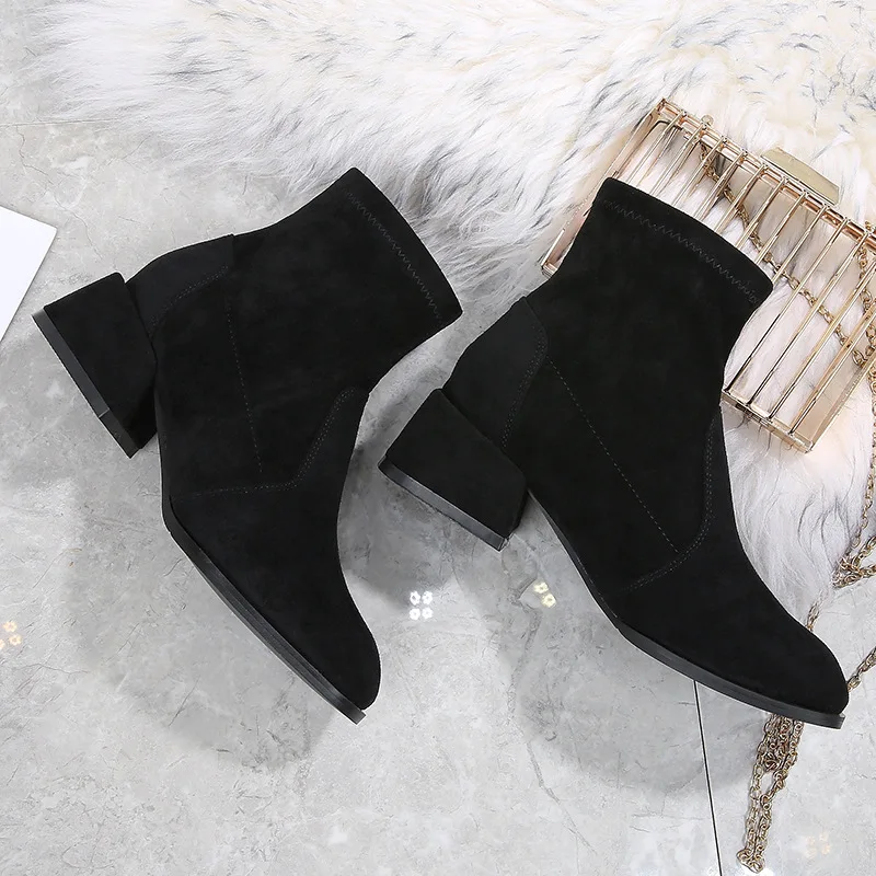 Г.; дизайнерские эластичные ботильоны из флока; женские осенне-зимние плюшевые ботинки «Челси»; botas mujer; короткие Ботинки martin с квадратным носком; тонкие ботинки; botines6
