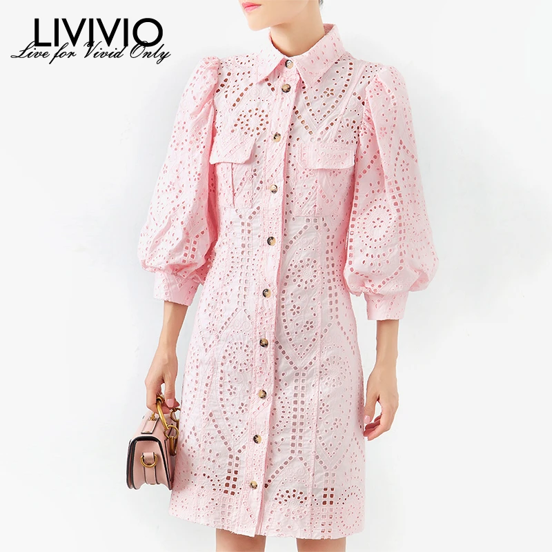 

[LIVIVIO] Hollow Out Lantern Sleeve Single Breasted Mini Dresses Female Autumn OL Fashion Clothing New