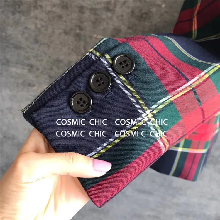 Cosmicchic 2109 осень-зима Для женщин красный шерстяной пиджак в шотландскую клетку двубортное пальто Винтаж взлетно-посадочной полосы Дизайн Блейзер Пальто или офисный стиль, верхняя одежда для детей