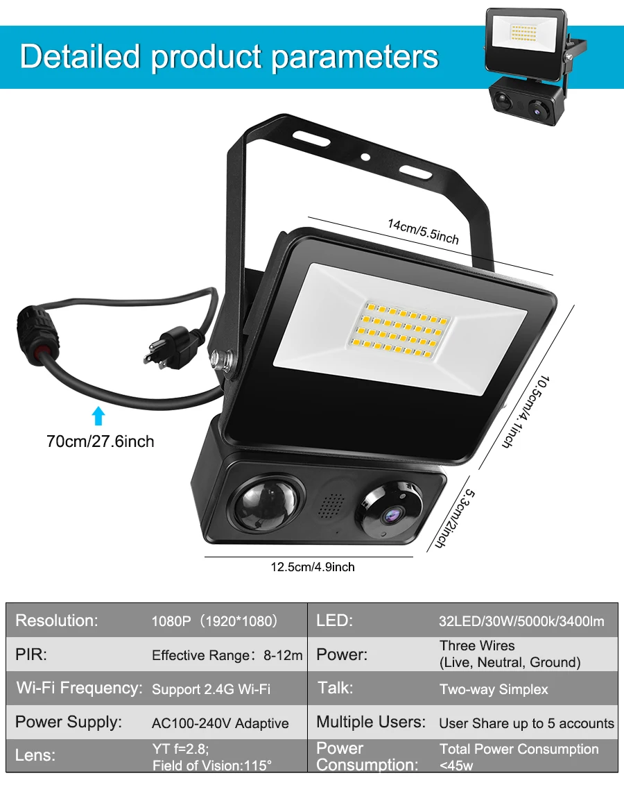 Security Floodlight Cam 1080p 3400Lumen Brightness IP65 Waterproof Smart Camera Monitoring lamp With Motion Sensor 2-Way Talk