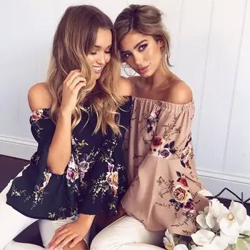 

Womens Summer Off shoulder Floral Tops and Blouses Elegant Loose Chiffon Harajuku Shirt Ladies boho bohemian blusa feminina