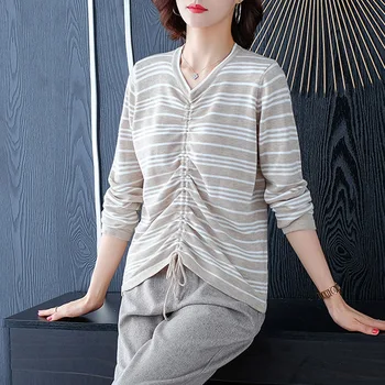 

2019 New Autumn Winter Loose Striped Short Knit Bottom Sweater Women V Neck Thin Drawstring Pullover Slim Pull Femme 0925-80