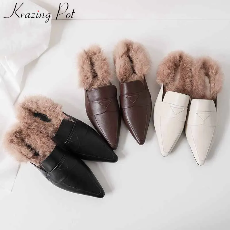 

Krazing Pot new genuine leathe rabbit fur fashion wear slippers pointed toe med heels slip on leisure women keep warm shoes L53