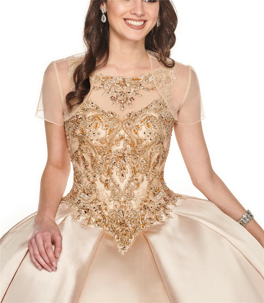 

Champange Satin Embroidery Beading Crystals Chapel Train Multi-layers Ball Gown quinceanera Dresses Lace-UpBall Gown With Jacket