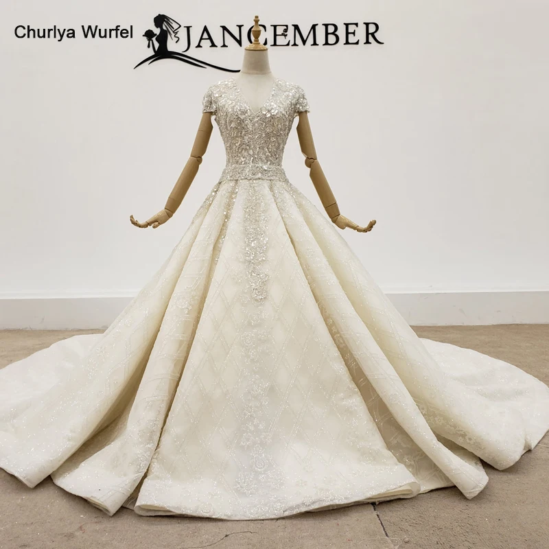 

HTL1394 Wedding Dress V Neck Short Sleeve Wedding Dress Plus Sequined Beading Appliques Lace Floor Length Dress