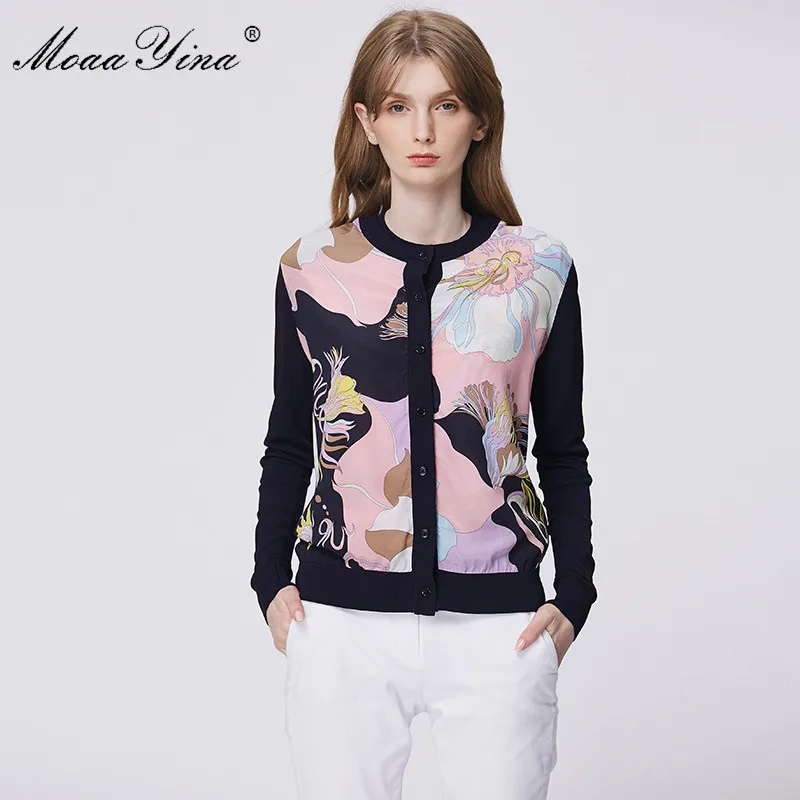 

MoaaYina Fashion Spring Autumn Long sleeve Knitting Tops Women's Elegant Print Silk Wool Cardigans Sweater