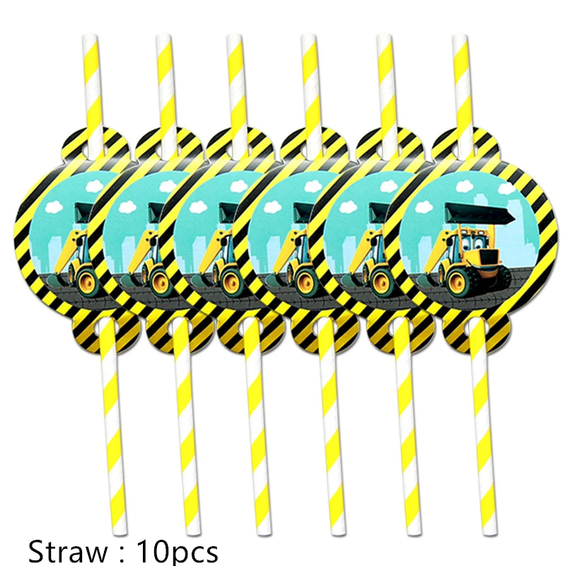 straw 10pcs Строительные вечерние экскаватор детские автомобили Мальчики экскаватор украшение для торта на день рождения на тему "Лошадки карусели" бумажные тарелки одноразовые трубочки украшения посуды - Цвет: straw 10pcs