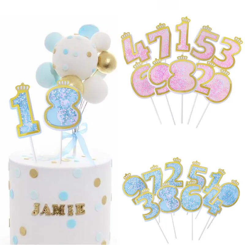 Birthday Party Number Cake Topper Glitter Blue Pink Crown Paper 0-9 Digital Birthday Party Baby Shower Cake Insert Cakes Decor