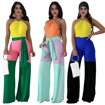

Fashion Casual Halter Three-color Stitching Jumpsuit Patchwork Loose Long Pants Yellow Green Orange S-XXL New Arrival