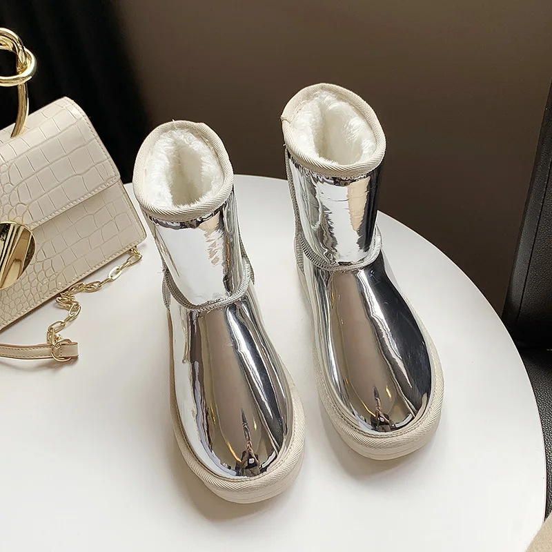 Серебристый Зимние сапоги; Новинка года; Модные женские водонепроницаемые сапоги с мехом на толстой нескользящей подошве; Dequin Mirror; короткие сапоги-трубы; бархатная теплая обувь - Цвет: Серебристый