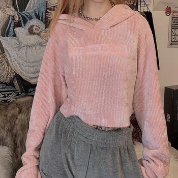 

2020 Autumn Solid Letter Embroidered Hooded Hoodies Slim Women Long Sleeve Harajuku Short Pullovers Female Hoodies L0184