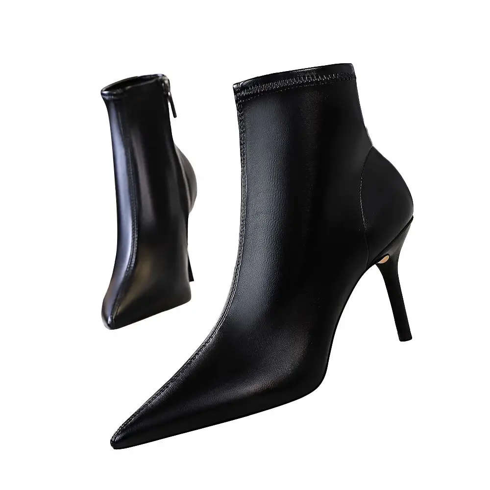 EOEODOIT/высокие каблуки-шпильки кожаные ботильоны женские пикантные туфли-лодочки с острым носком осенне-зимние ботинки 8 см - Цвет: Черный