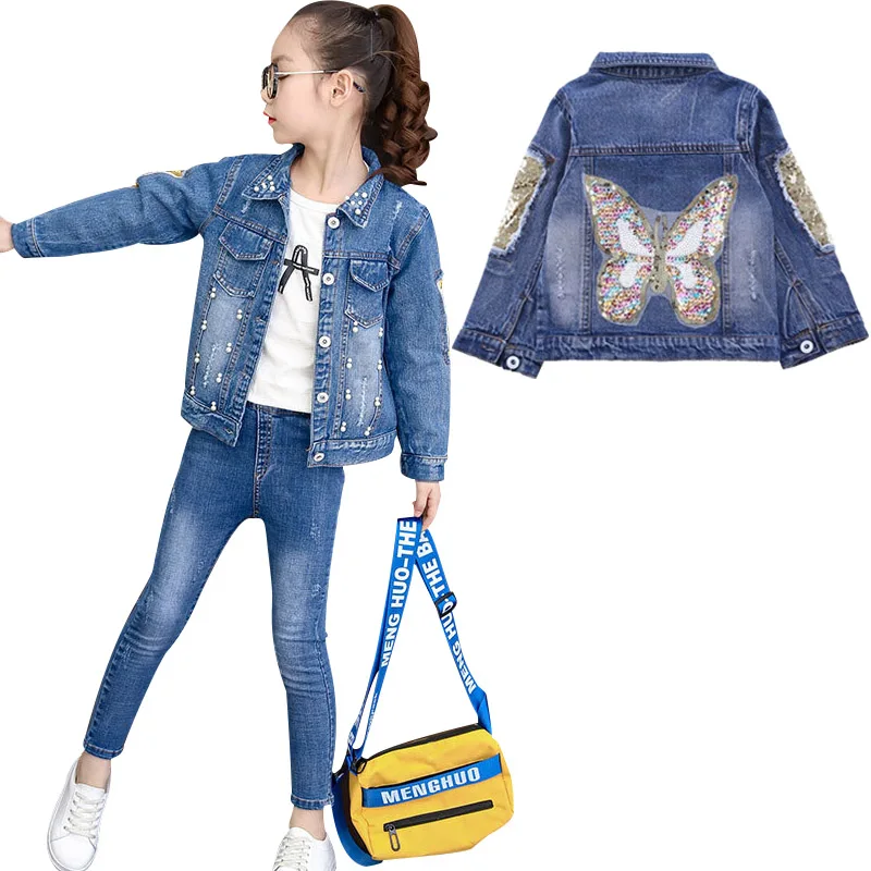 butterfly blue Модные куртки с единорогом для девочек ковбойская верхняя одежда с блестками для подростков пальто с вышивкой для девочек детская одежда джинсовая куртка для детей от 2 до 12 лет - Цвет: butterfly blue