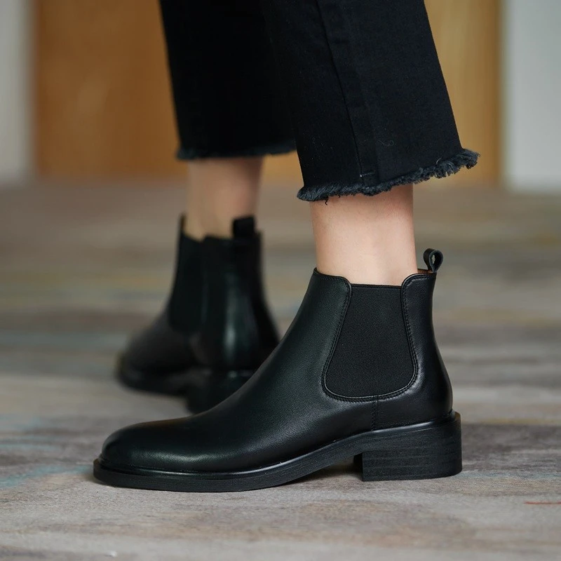 Botines hechos a mano para mujer, botas cortas de piel auténtica a la Botines negros sin cordones con plataforma, talla 33 40, e invierno, 2021|Botas hasta el tobillo| -