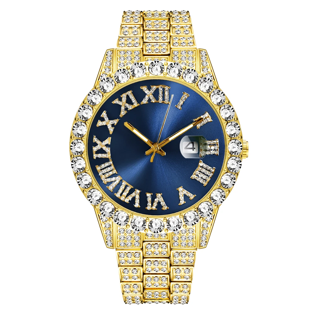 2 Pcs Watch+bracelet Hip Hop Stainless Steel Gold Color Calendar Watch For Men Iced Out Paved Rhinestones Men Watch Reloj Hombre 