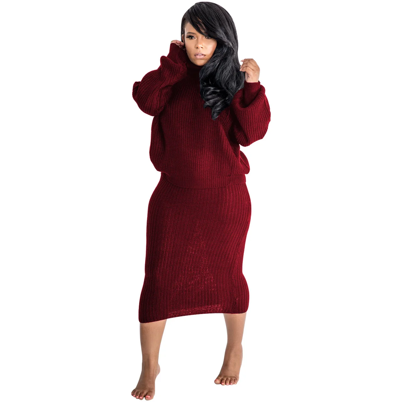 ANJAMANOR трикотажное платье-свитер комплект из 2 предметов, топ с высоким воротником и длинными рукавами и юбка г. Осенне-зимняя одежда одинаковые комплекты D52-BA92 - Цвет: Бургундия