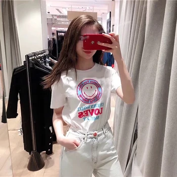 

2020 Spring And Summer New Loose-Fit Casual Smiley Flocked Printed Short Sleeve Women's T-shirt