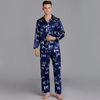 

Casual 2PCS Pajamas Set Sleepwear Male Print Shirt&Pants Nightwear Satin Kimono Robe Gown Home Clothes Silky Intimate Lingerie