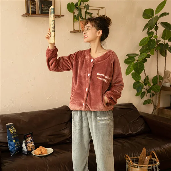 JULY'S SONG Women Pajama Sets Flannel Winter Pajamas Long Sleeve Full Trousers Simple Casual Warm Flannel Thick Homewear Suit - Цвет: 01