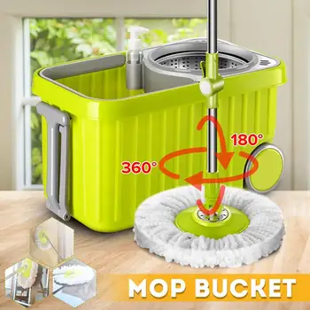 

360° Spin Mop with Bucket Rod 2 Fiber Heads Set Easy Wring Cleaning System Washable Stainless Steel Spin Dry Mop Floor Clean