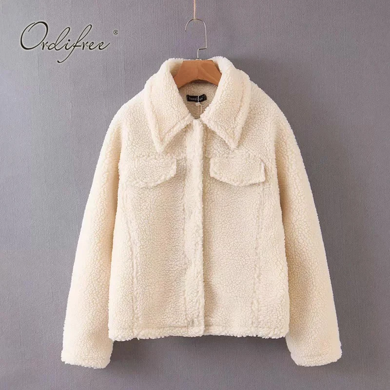 Ordifree Autumn Winter Lampswool Jacket Single Breasted Loose Fur Coat Casual Outwear