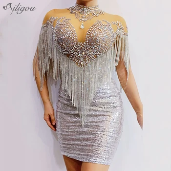 

Ailigou 2020 New Style 2 Style Sparkling Rhinestone Fringed Sequin Dress Women Sexy Birthday Celebration Dancer Bar Dress