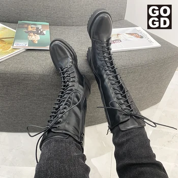 

[GOGD] New arrival in2020European and American simple design shoes, thick bottom laces, ladies motorcycle boots