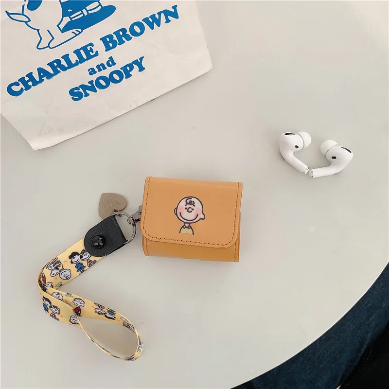 Charlie Коричневый чехол для Airpods Pro из искусственной кожи Bluetooth чехол для наушников Air pods 3 милый защитный чехол с ремешком на руку - Цвет: Charlie Brown 2