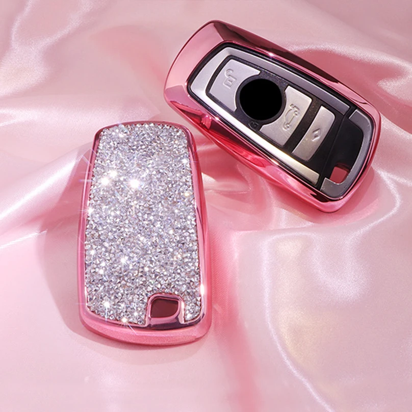 1 шт. Автомобильный Дистанционный брелок для ключей, чехол-брелок, сумка-держатель с бриллиантами для BMW 1 2 3 4 5 6 7 серии X3 X4 - Название цвета: Pink