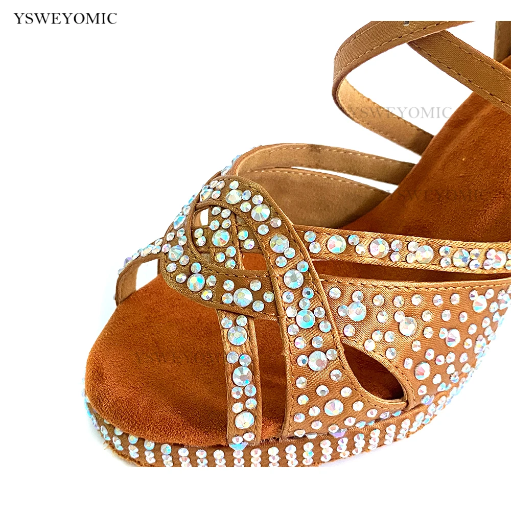 Bachata Dancing Shoes Suede Outdole Brown Satin Medium Heel 7cm Platform Salsa Latin Dance Shoes With Stones For Women
