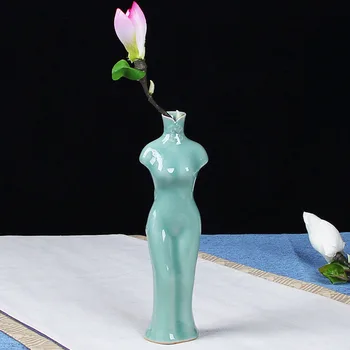 

Chinese Cheongsam Celadon Ceramic Flower Vase Home Decoration Modern Flower Vase Plant Holder Desk Hydroponics Device Room Decor