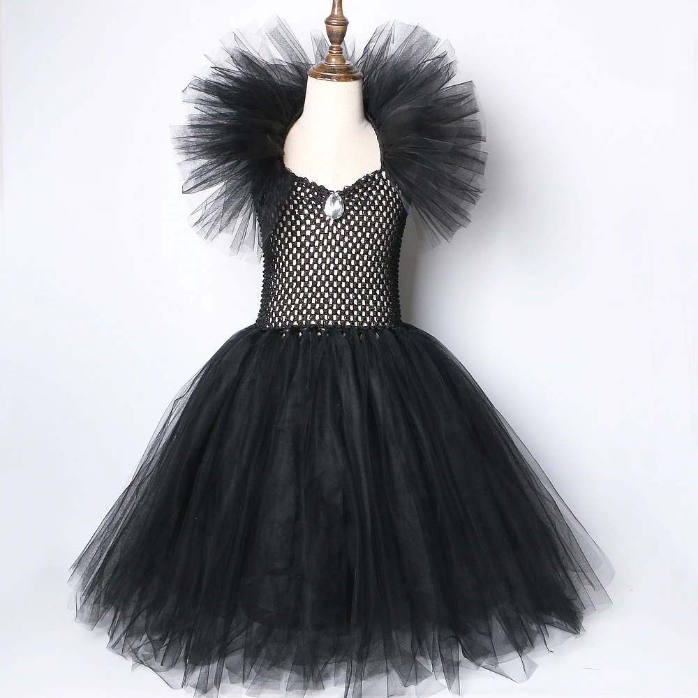 Solid Black Maleficent Halloween Costumes Girls Kids Witch Long Tutu Dress Ankle Ball Gown Devil Cosplay Outfit Horns Wings girls dress,princess costume,kids clothes