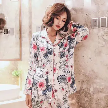 

Autumn Winter Ladies Pajamas Set Silk Floral Printed Elegant Pijamas Long Sleeve Cardigan Top+Pants Satin Loose Soft Homewear