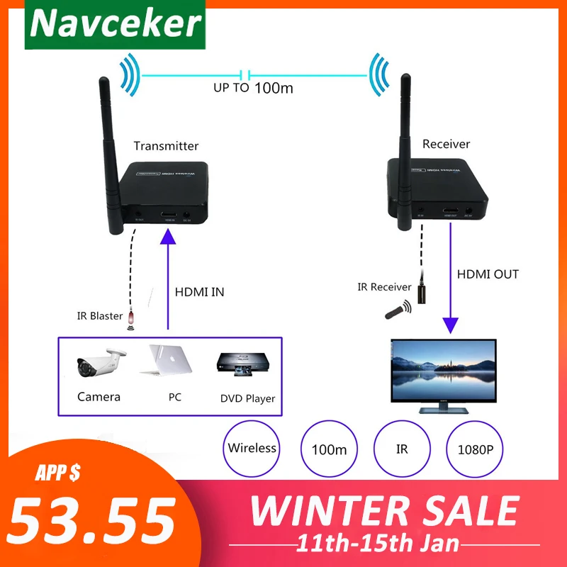 ZY-DT216 5GHz Wireless Transmission System Wireless HDMI Extender Transmitter Receiver Video WIFI 100m Wireless HDMI Sender Kit