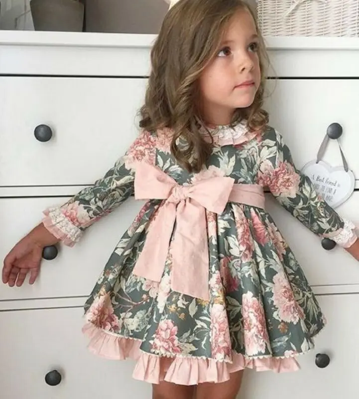 Платье-пачка с длинными рукавами и цветочным принтом для маленьких девочек; праздничное платье принцессы; осенняя одежда