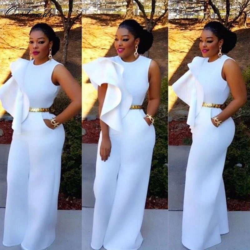 

Sexy Wide Leg Jumpsuit 2019 New Rompers White Ruffles Women Long Laides Elegant Bodycon Jumpsuit One Piece Outfits