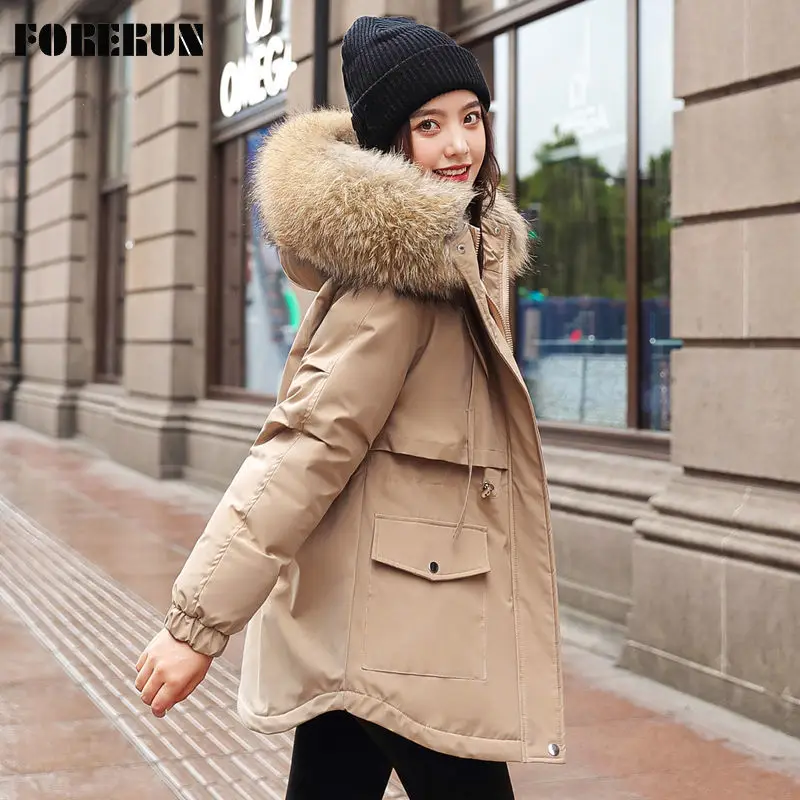 

FORERUN Winter Coat Women Fleece Cotton Padding Fur Hooded Slim Waist Drawstring Thick Long Jacket Solid Parkas Mujer 2020