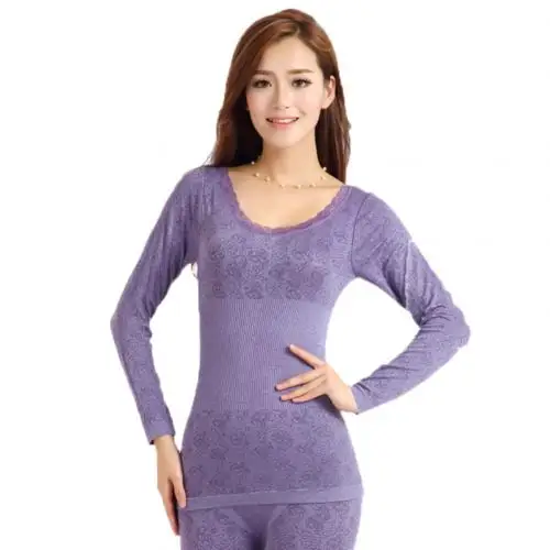 Light Purple Женское зимнее термобелье, высокая эластичность, круглый вырез, топ, длинные кальсоны, пижамный комплект, сплошной цвет, идеально подходит для ношения под рубашку - Цвет: Light Purple