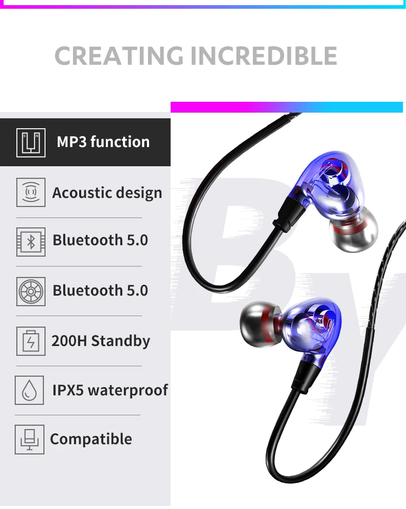 Спортивные bluetooth-наушники, bluetooth-гарнитура, 5,0 басов, водонепроницаемые наушники, встроенный микрофон, наушники, гарнитура