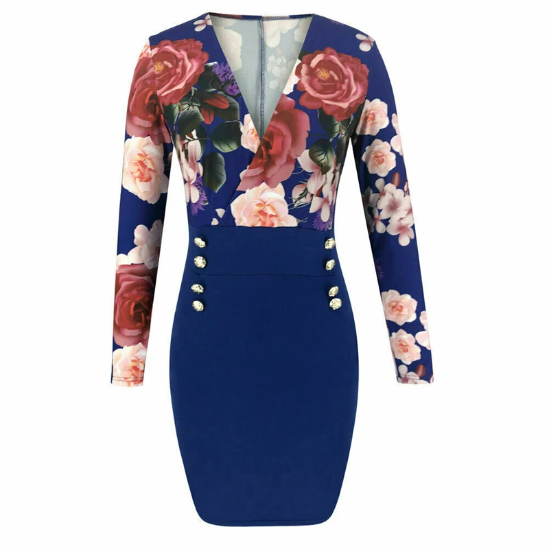 Модное женское цветочное мини-платье с v-образным вырезом, вечерние платья с длинными рукавами и пуговицами, женское летнее платье, повседневное облегающее платье с юбкой-карандаш
