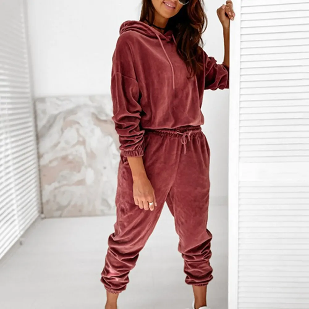 Women Tracksuit Velvet Hoodie Sweatshirts Top and Wide Leg Pants Sweatpants Matching Set Streetwear Casual Sport Suit Sportswear