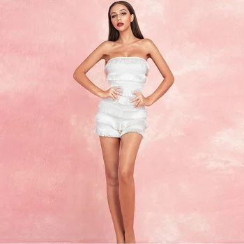 

White Fashion Tassel Strapless Women Playsuits Summer Sexy Sleeveless Bodycon Slash Neck Bandage Party Playsuit Clubwear 2019