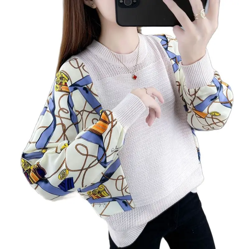 

the thin section printed chiffon bat sleeve splicing sweater lady show thin sweater with a hollow out loose big yards