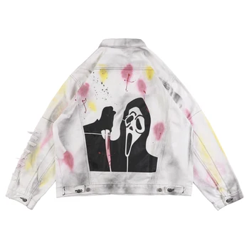 

Tie Dye Skull Print Mens Jeans Jacket Harajuku Oversize Graffiti Windbreaker Bomber Jacket Streetwear Ripped Denim Coat Men